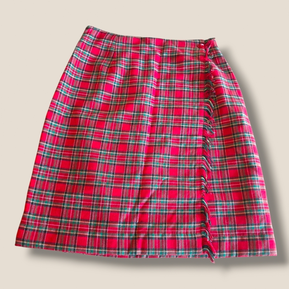 Vintage Red Plaid Midi Skirt with Side Wrap Braid